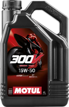 Load image into Gallery viewer, Motul 300V 15W-50 4 Litre motor oil container with a motorcycle graphic on the label