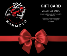 Load image into Gallery viewer, Barmoto gift card with a red bow on a black background