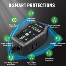 Load image into Gallery viewer, Battery charger with 8 smart protection features on a dark background