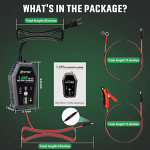 Load image into Gallery viewer, NTRC battery charger package with components and dimensions on a green background