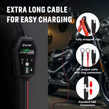 Load image into Gallery viewer, Motorcycle battery charger with long cable for easy charging, featuring HTAC branding.