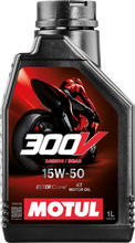 Load image into Gallery viewer, Motul 300V 15W-50 1 Litre motor oil bottle with a red and black design on a white background